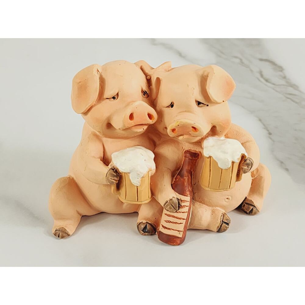 Pigs Drinking Buddies Mini Piglet Piggy Figurine 3 1/2" Resin 90s Home Decor Vtg